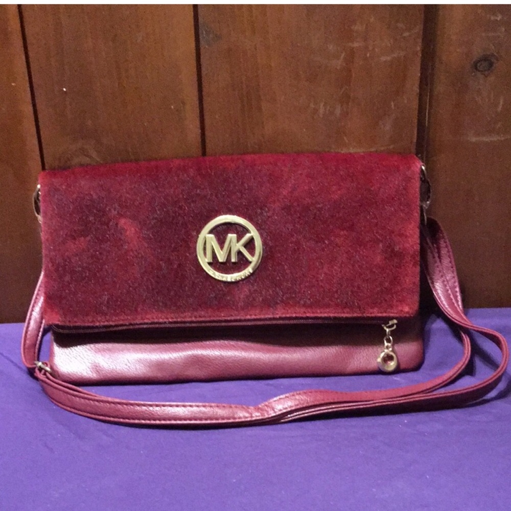 Michael Kors Burgundy Suede and Leather Crossbody with Gold MK Logo